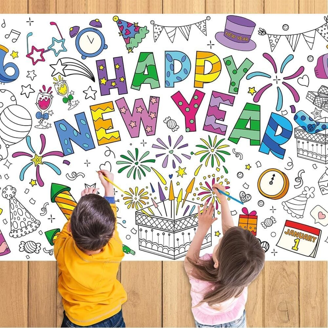 Edge Collections -51" x 30"-Multi-DIY Happy New Year Coloring Tablecloth-1 pcs